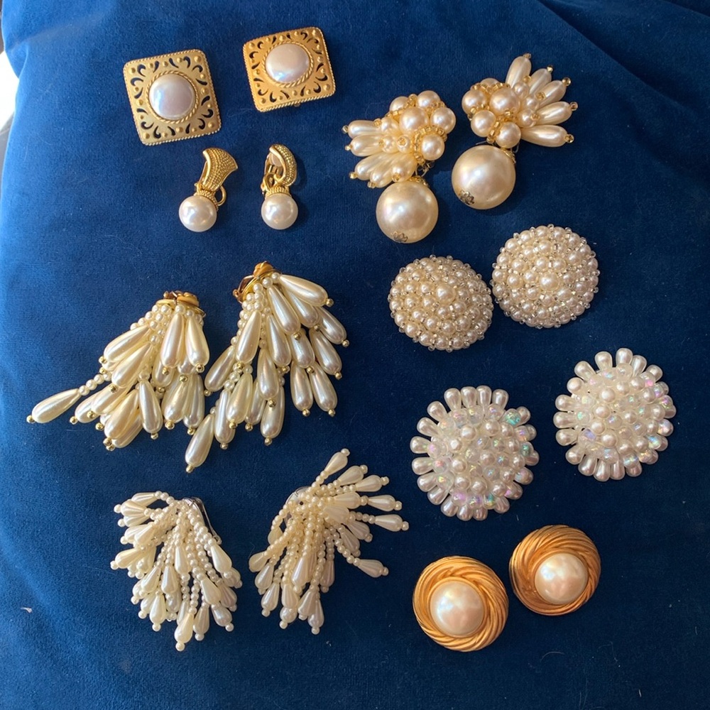 Fancy Vintage Faux Pearl Clip On Earrings Lot
